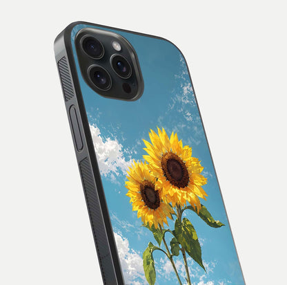 Sunflower Sky Bloom Glass Case for iPhone 15 Pro close-up angled shot highlighting petal details and reflection