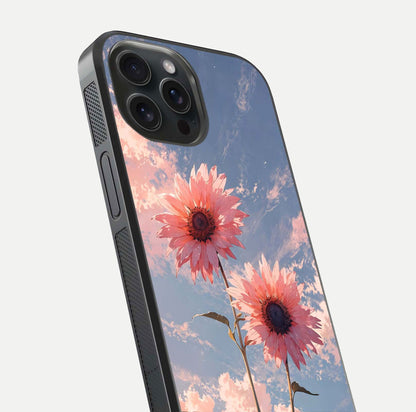 Sunlit Daisy Glow Glass Case for iPhone 15 Pro close-up angled shot highlighting petal texture and reflection