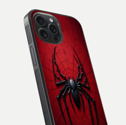 Venom Web Emblem Glass Case for iPhone 15 Pro close-up angled shot highlighting sharp logo lines and reflection