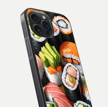 Sushi Food Pattern Glass Case for iPhone 15 Pro close-up angled shot highlighting colorful sushi prints and reflection