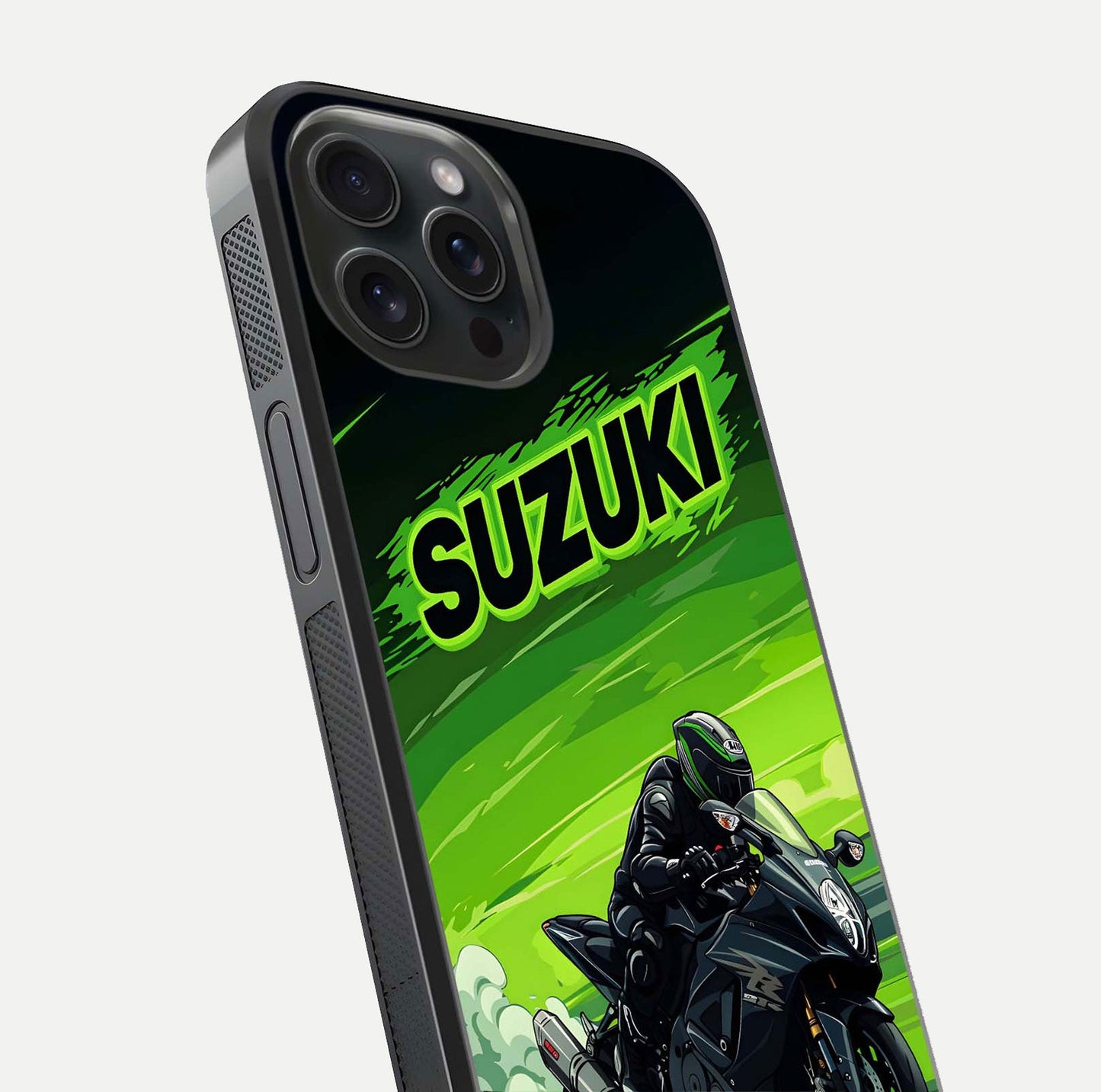 Suzuki Speed Beast Glass Case for iPhone 15 Pro close-up angled shot highlighting bold tones and reflection