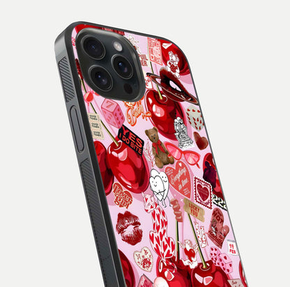 Sweet Cherry Chaos Glass Case for iPhone 15 Pro close-up angled shot highlighting red tone contrast and reflection