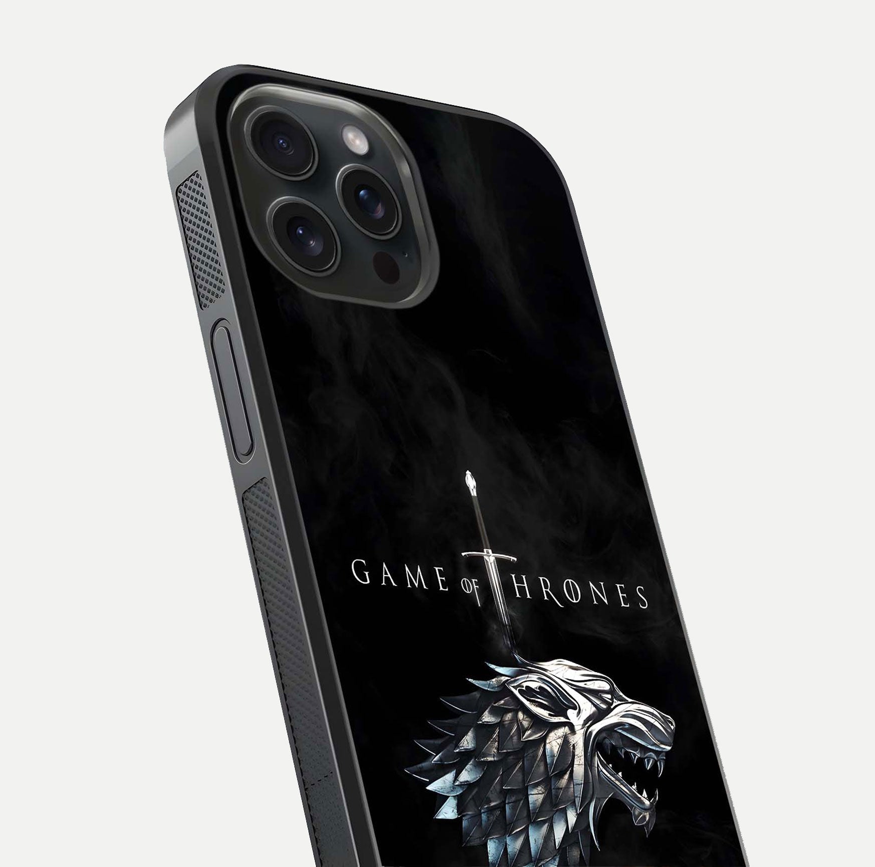 Throne Wolf Legacy Glass Case for iPhone 15 Pro close-up angled shot highlighting fur texture and reflection