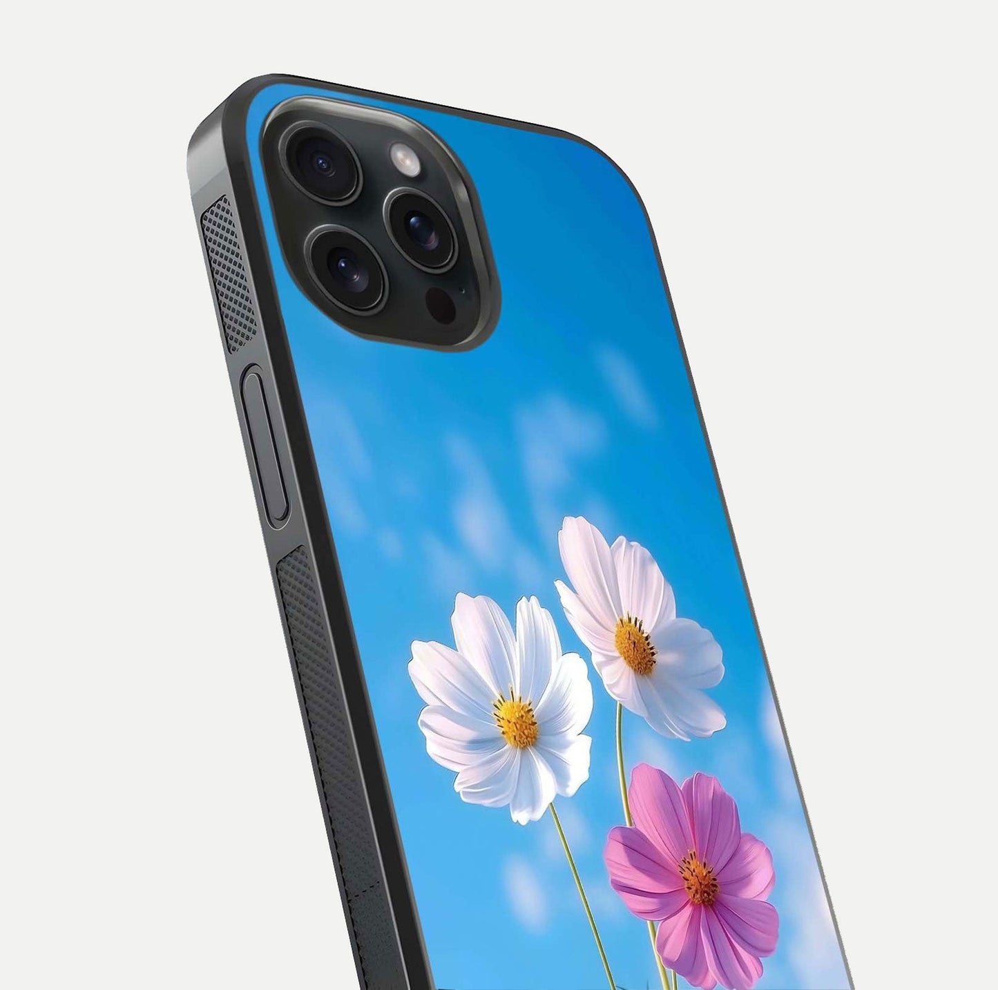 Triple Flowers With Sky Glass Case for iPhone 15 Pro close-up angled shot highlighting petal and reflection details