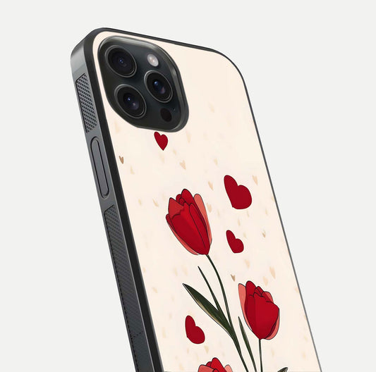 Tulip With Heart Glass Case for iPhone 15 Pro close-up angled shot highlighting petal details and reflection