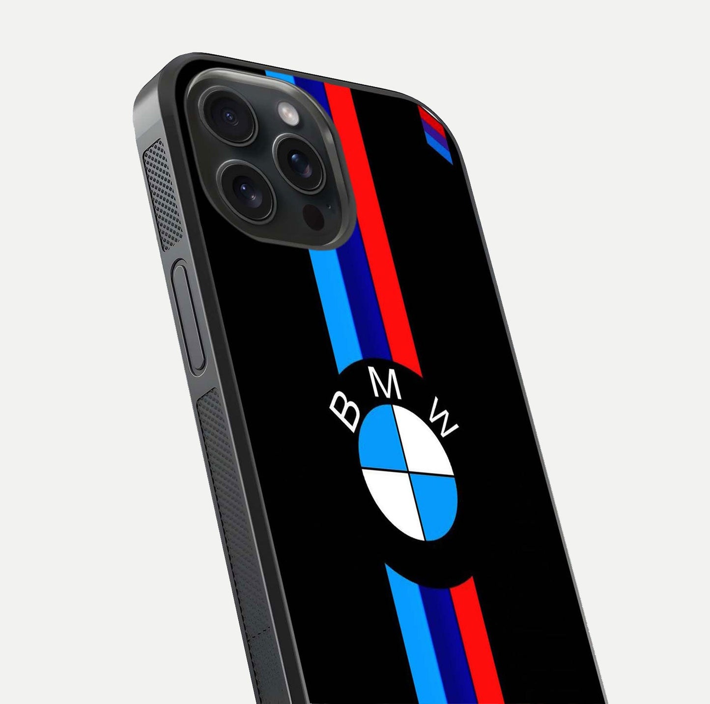 Turbo BMW Beast Glass Case for iPhone 15 Pro close-up angled shot highlighting car detailing and reflection