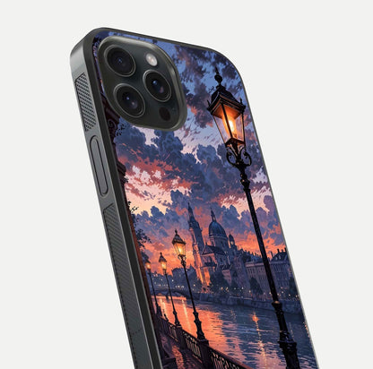 Twilight River Lights Glass Case for iPhone 15 Pro close-up angled shot highlighting river reflections and color tones