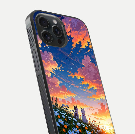 Two Cats Friends Glass Case for iPhone 15 Pro close-up angled shot highlighting cat illustrations and soft reflection