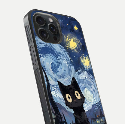 Van Gogh Cat Glass Case for iPhone 15 Pro close-up angled shot highlighting brushstroke texture and reflection