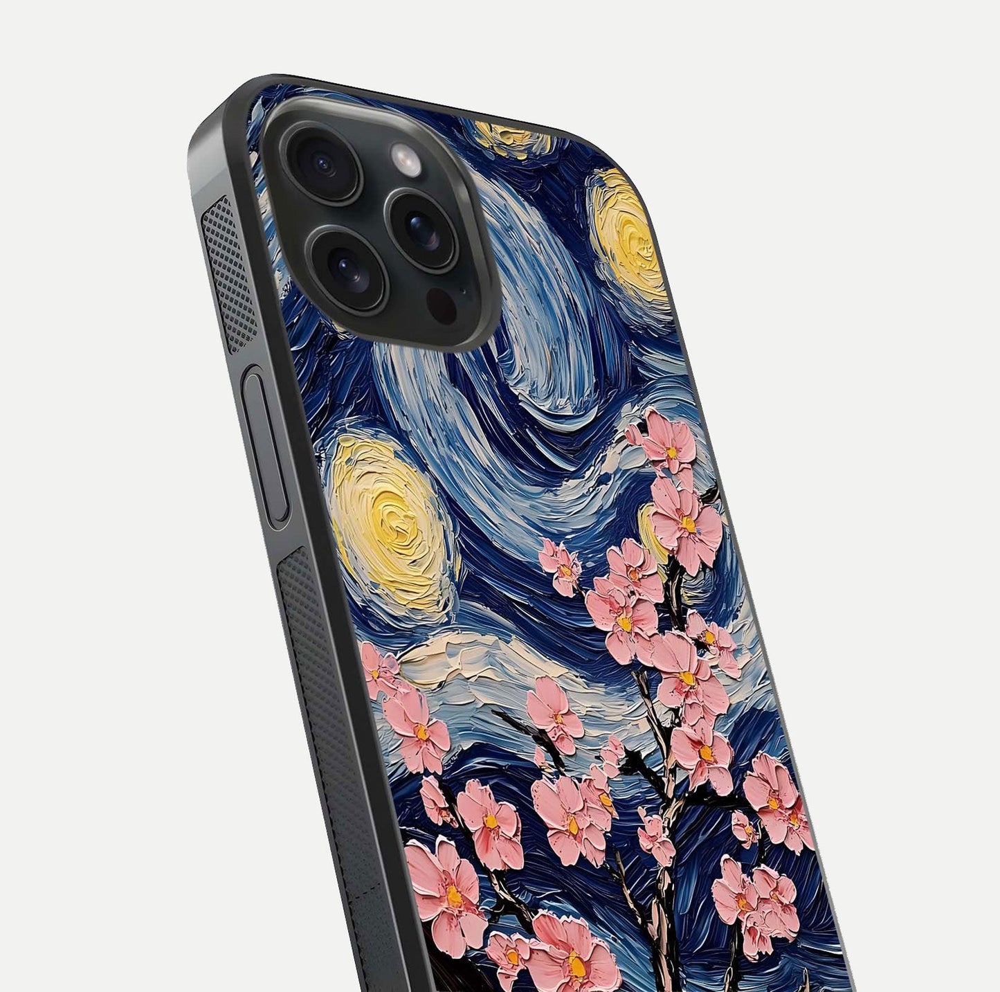 Van Gogh Scenery Glass Case for iPhone 15 Pro close-up angled shot highlighting brushwork texture and color depth