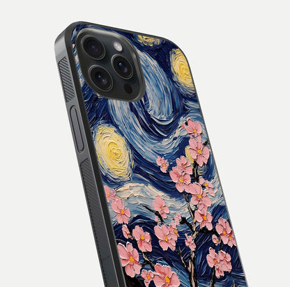 Van Gogh Scenery Glass Case for iPhone 15 Pro close-up angled shot highlighting brushwork texture and color depth