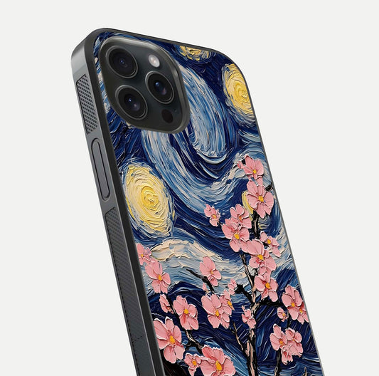 Van Gogh Scenery Glass Case for iPhone 15 Pro close-up angled shot highlighting brushwork texture and color depth