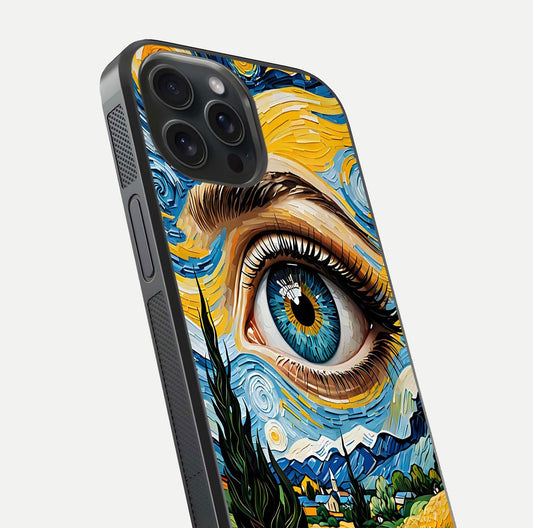 Van Gogh Eye Glass Case for iPhone 15 Pro close-up angled shot highlighting color blend and gloss reflection