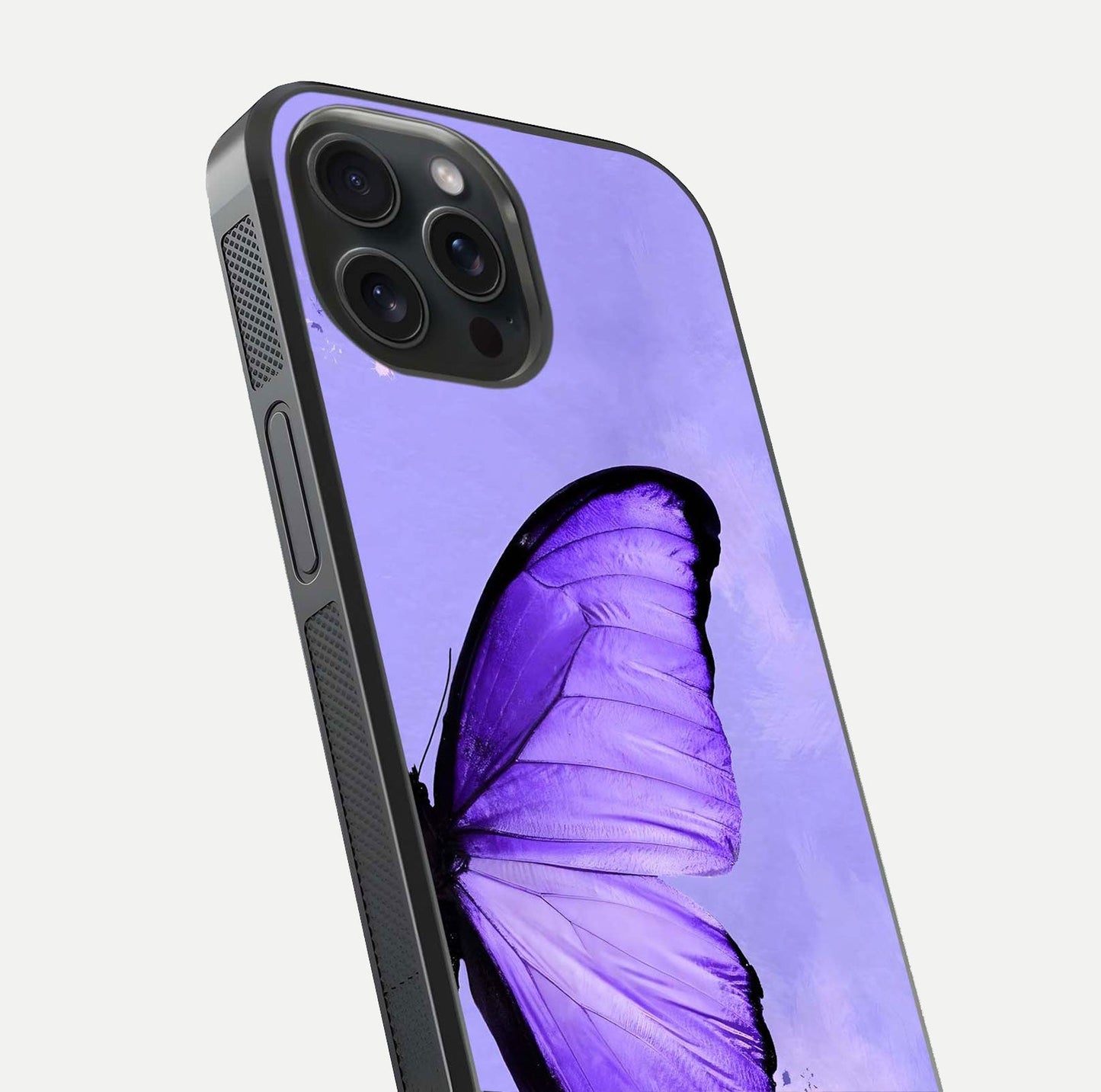 Violet Dream Wing Glass Case for iPhone 15 Pro close-up angled shot highlighting wing texture and reflection