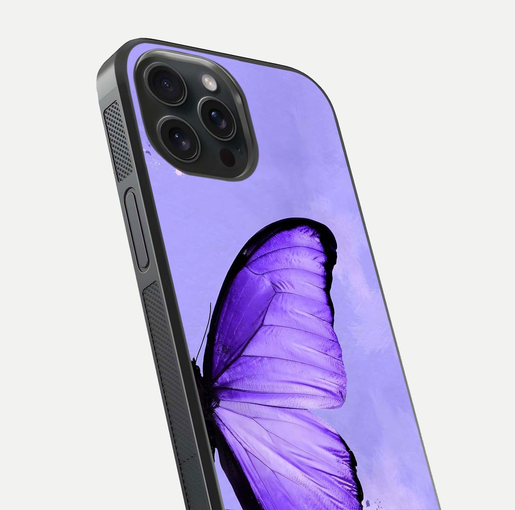 Violet Dream Wing Glass Case for iPhone 15 Pro close-up angled shot highlighting wing texture and reflection