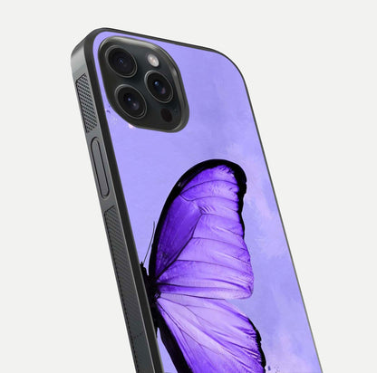 Violet Dream Wing Glass Case for iPhone 15 Pro close-up angled shot highlighting wing texture and reflection