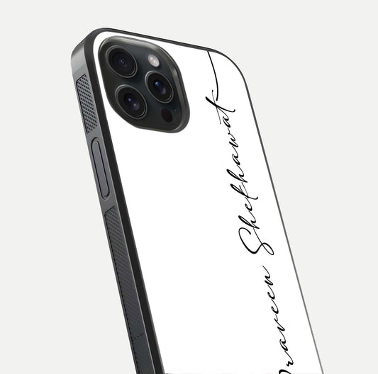 White Tune Custom Name Glass Case for iPhone 15 Pro close-up angled shot highlighting gloss reflection and texture