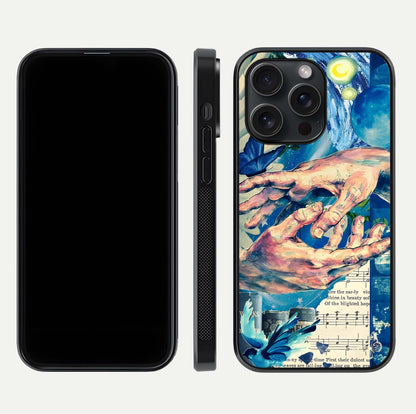 Aesthetic Divider Glass Case for iPhone 15 Pro front and back view layout showing black front display and minimal divider glass back