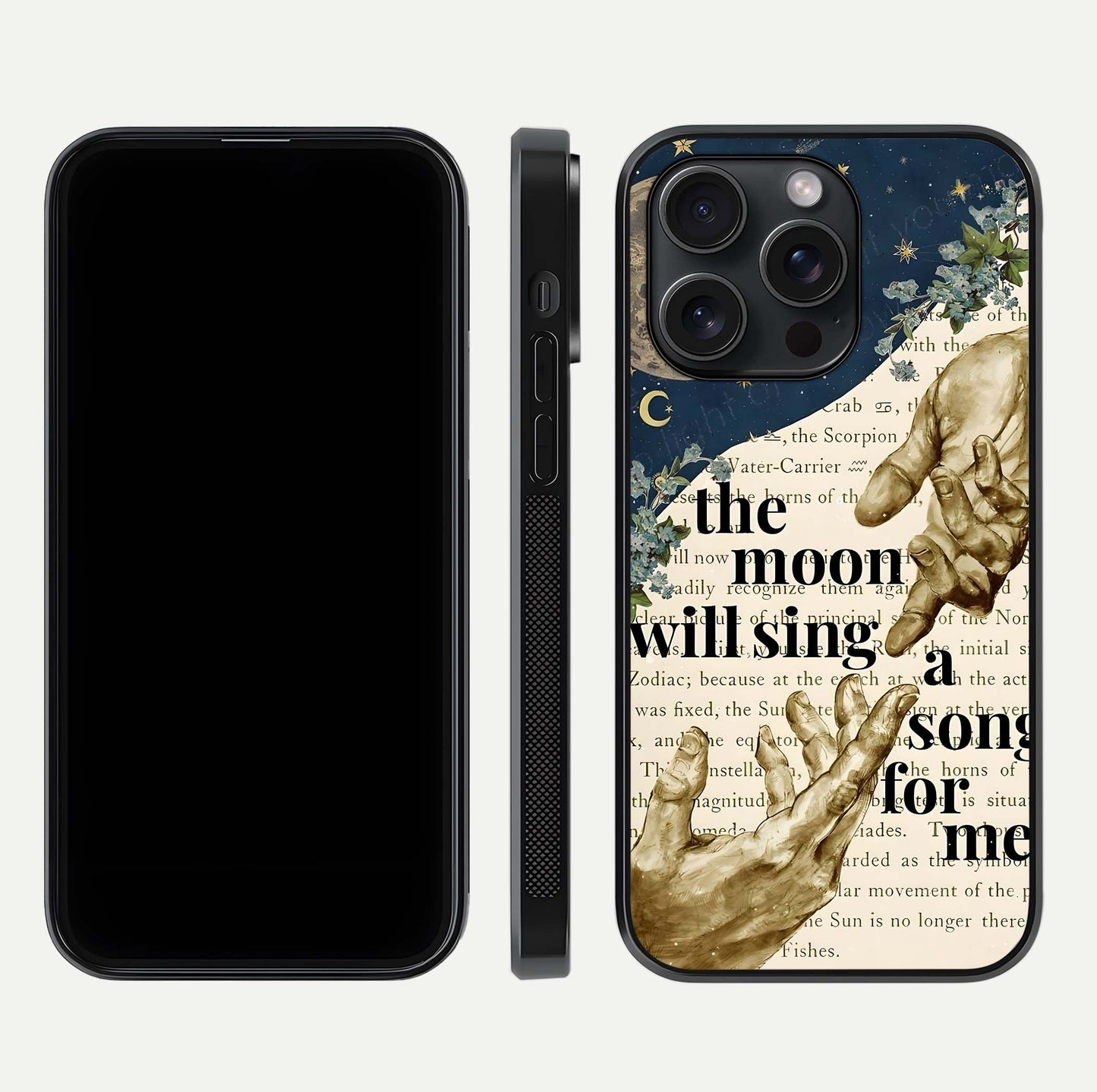 Aesthetic Divine Glass Case for iPhone 15 Pro front and back view layout showing black front display and divine art glass back