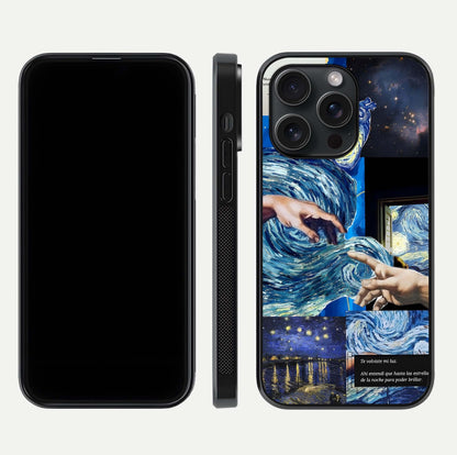 Aesthetic Vando Hands Glass Case for iPhone 15 Pro front and back layout highlighting camera cutout and premium glass shine