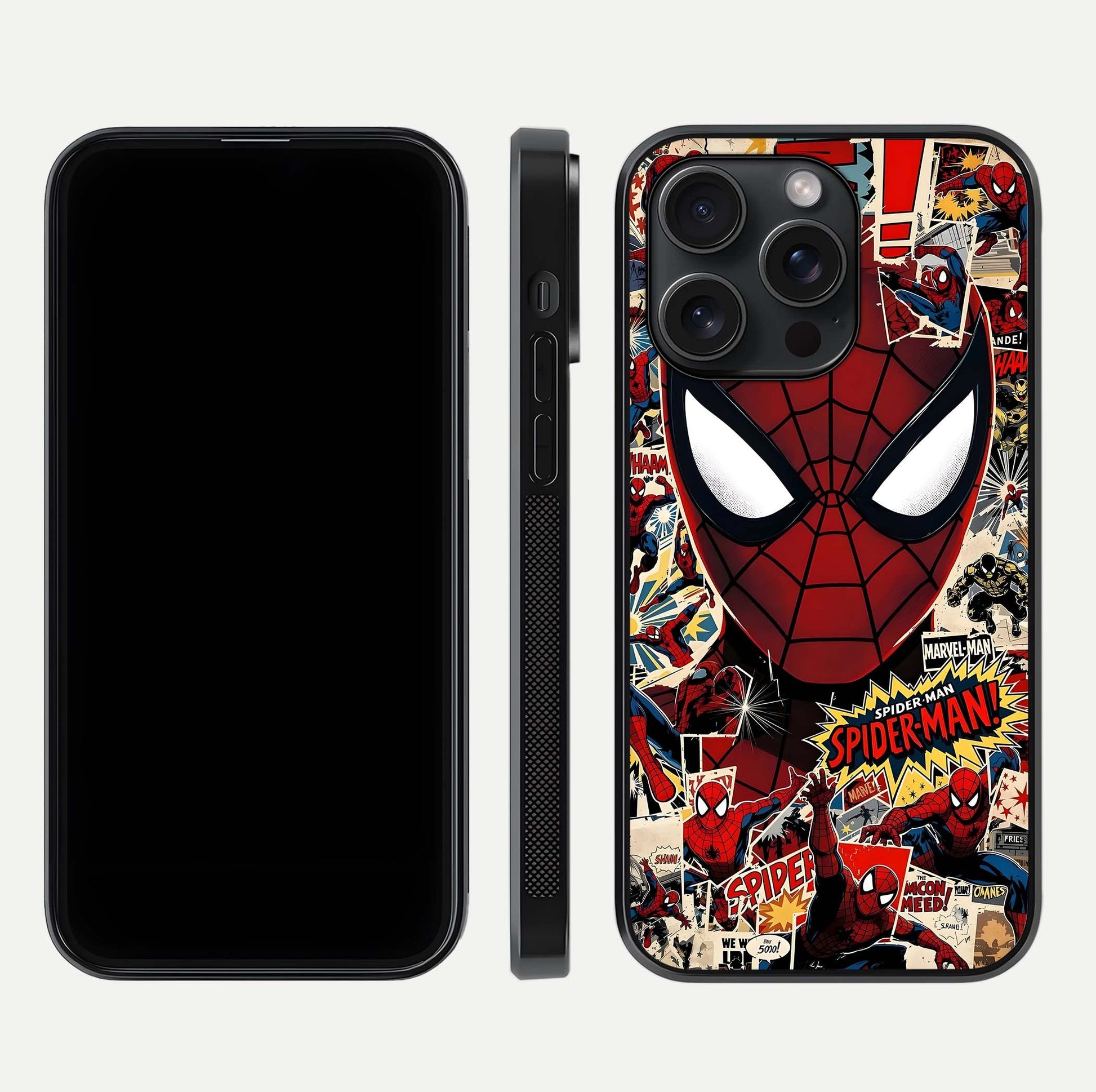Aesthetic Wonder Spider Glass Case for iPhone 15 Pro dual-view layout showing premium glass shine and strong edge design