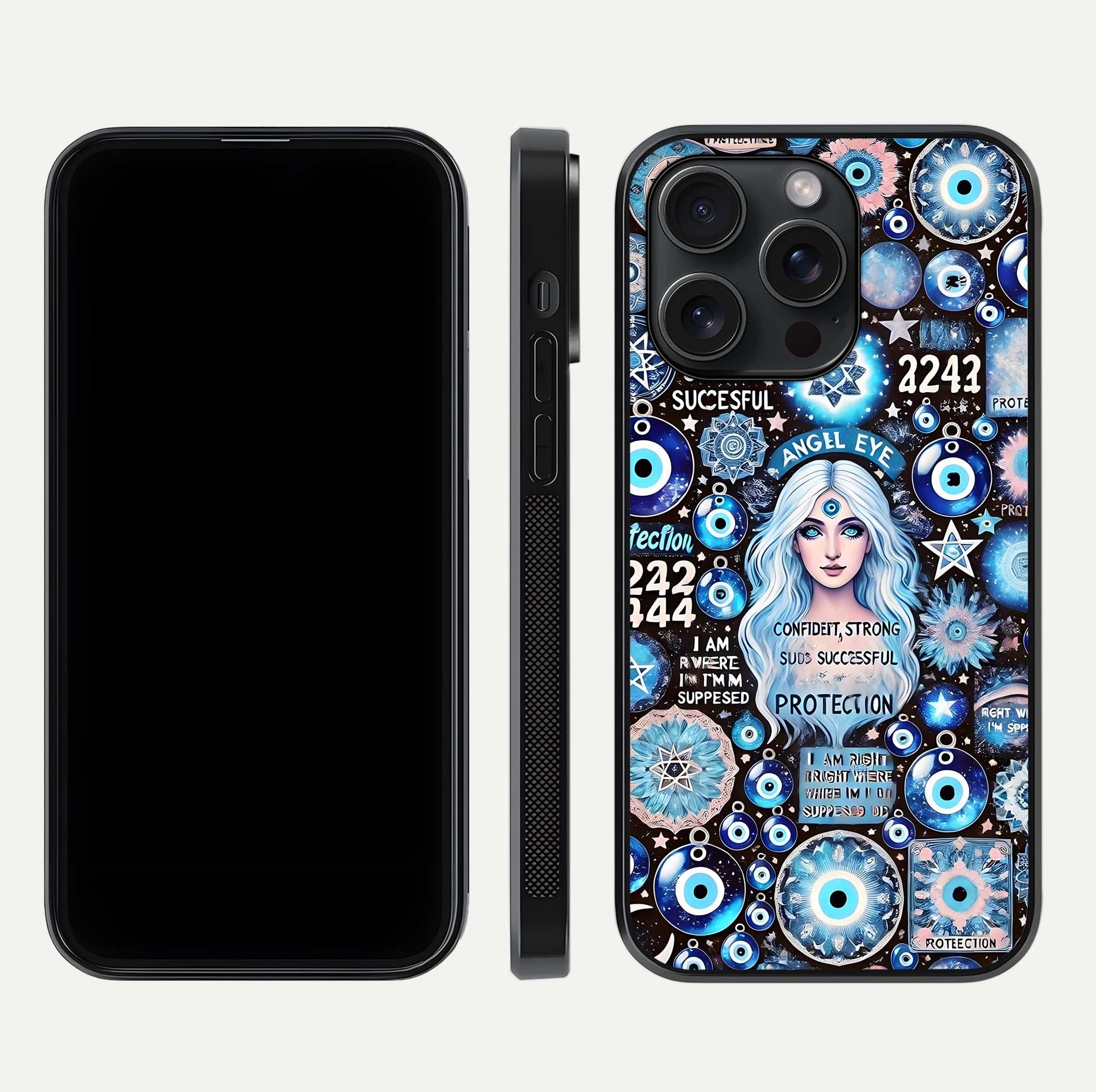 Angel Aura Shield Glass Case for iPhone 15 Pro front and back display highlighting glass clarity and spiritual design