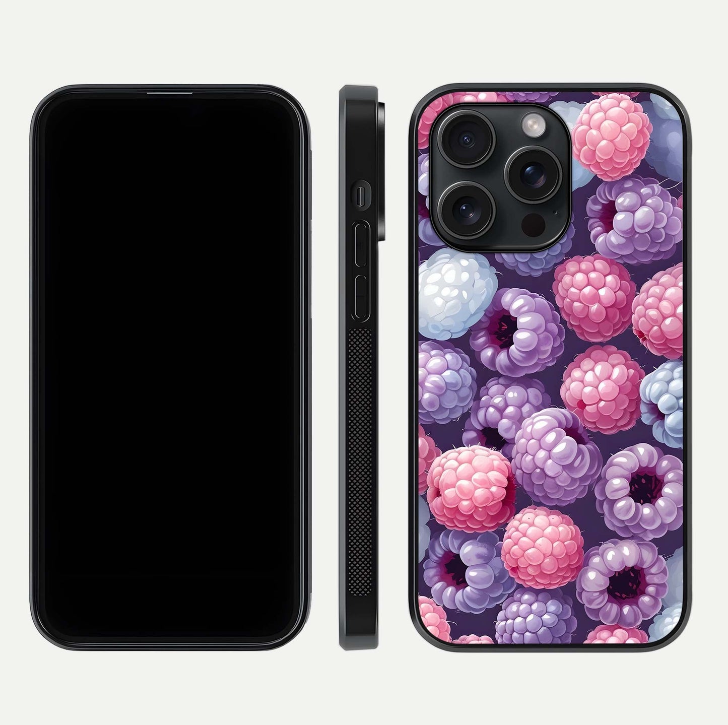 Berry Candy Pop Glass Case for iPhone 15 Pro front-and-back layout showing colorful pattern and sleek protective frame