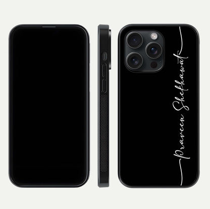 Black Tune Custom Name Glass Case for iPhone 15 Pro front-and-back layout showing personalized name zone and edges