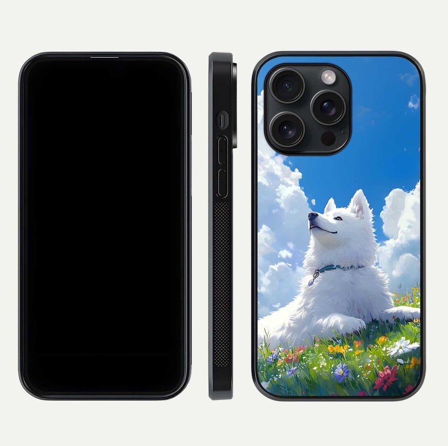 Blissful Cloud Pup Glass Case for iPhone 15 Pro front-and-back layout showing art alignment and edge design