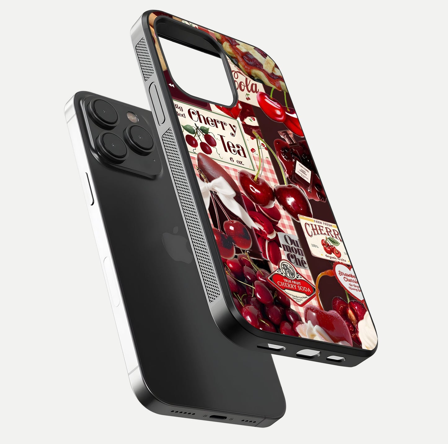 Aesthetic Cherry Tea Glass Case for iPhone 15 Pro floating dual-view mockup showing edge design and detailed cherry pattern gloss texture