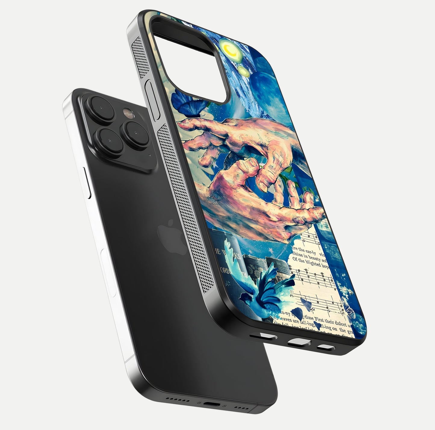 Aesthetic Divider Glass Case for iPhone 15 Pro floating dual-view mockup showing edge design and detailed divider gloss texture