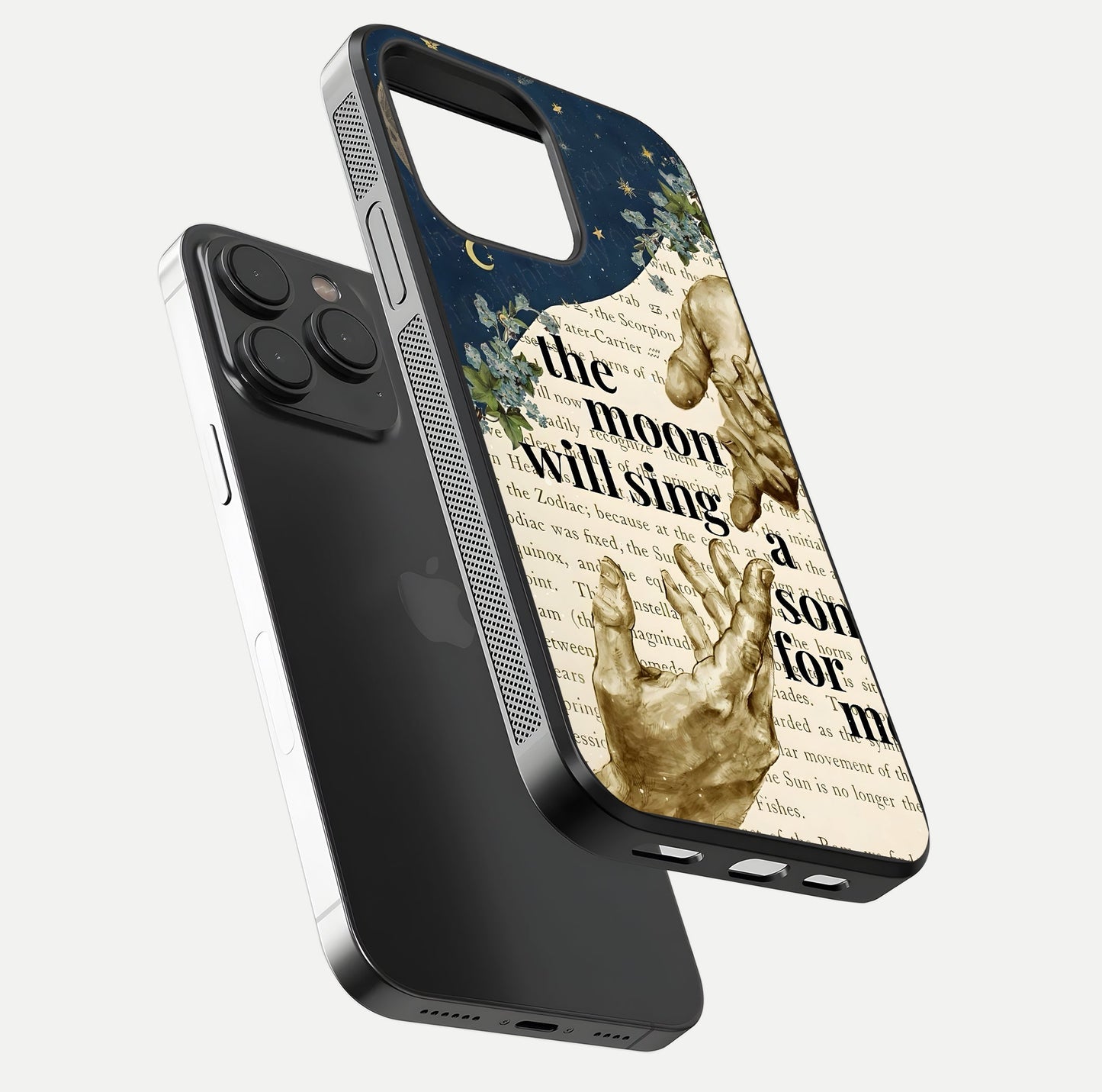 Aesthetic Divine Glass Case for iPhone 15 Pro floating dual-view mockup showing edge design and divine art gloss texture