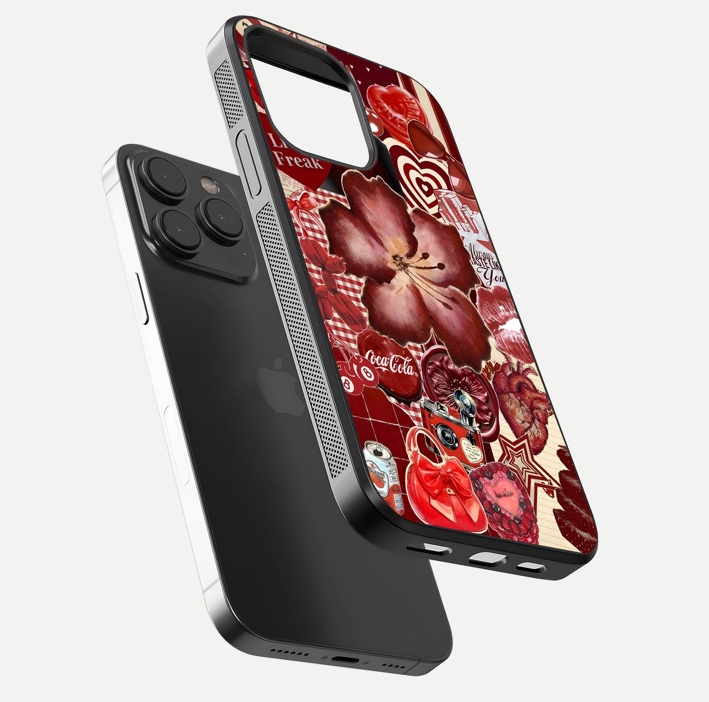 Aesthetic Little Freak Glass Case for iPhone 15 Pro floating dual-view mockup showing edge design and detailed collage gloss texture