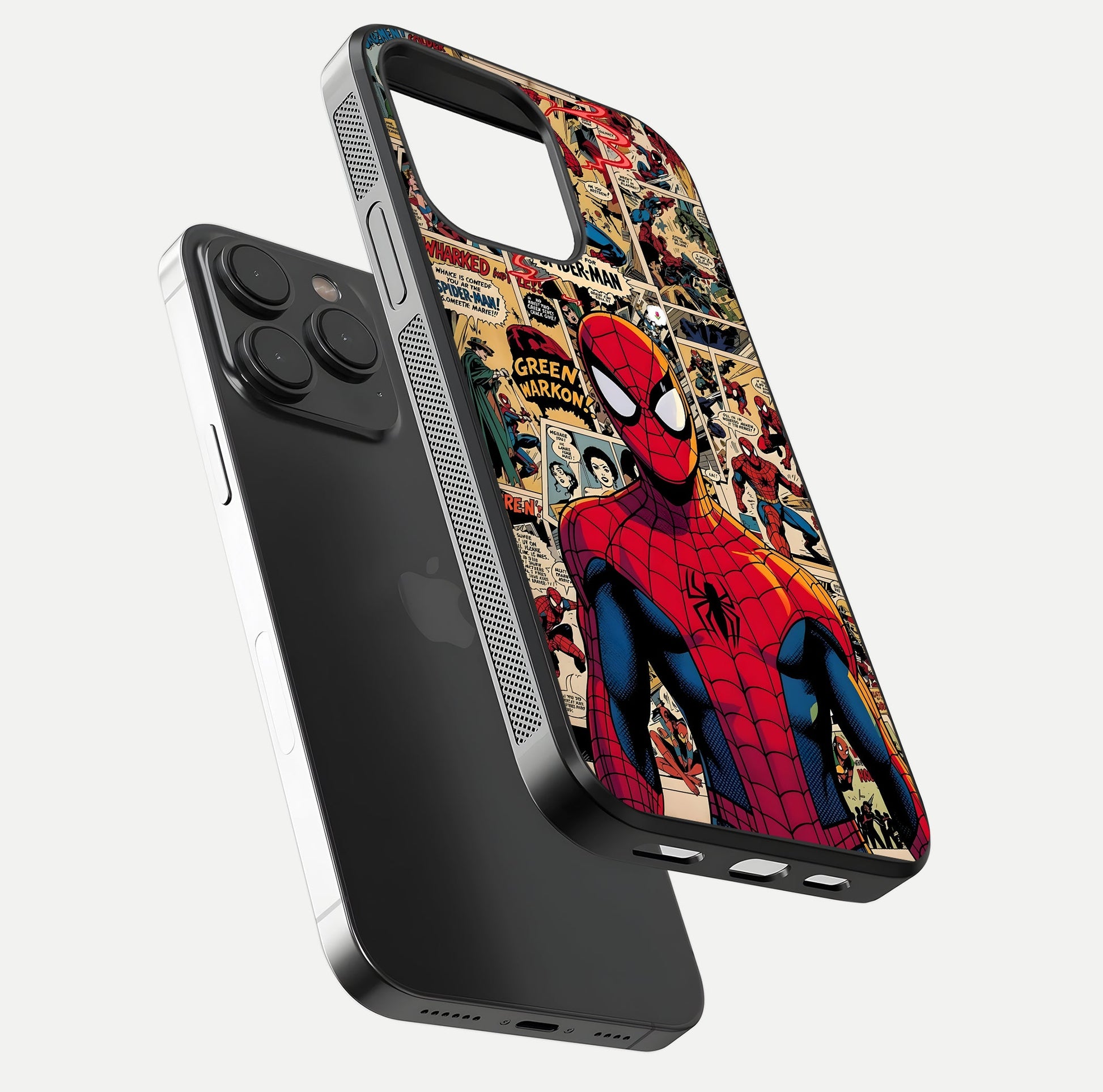 Aesthetic Spider Man Glass Case for iPhone 15 Pro floating dual-view mockup showing edge design and detailed Spider-Man gloss texture