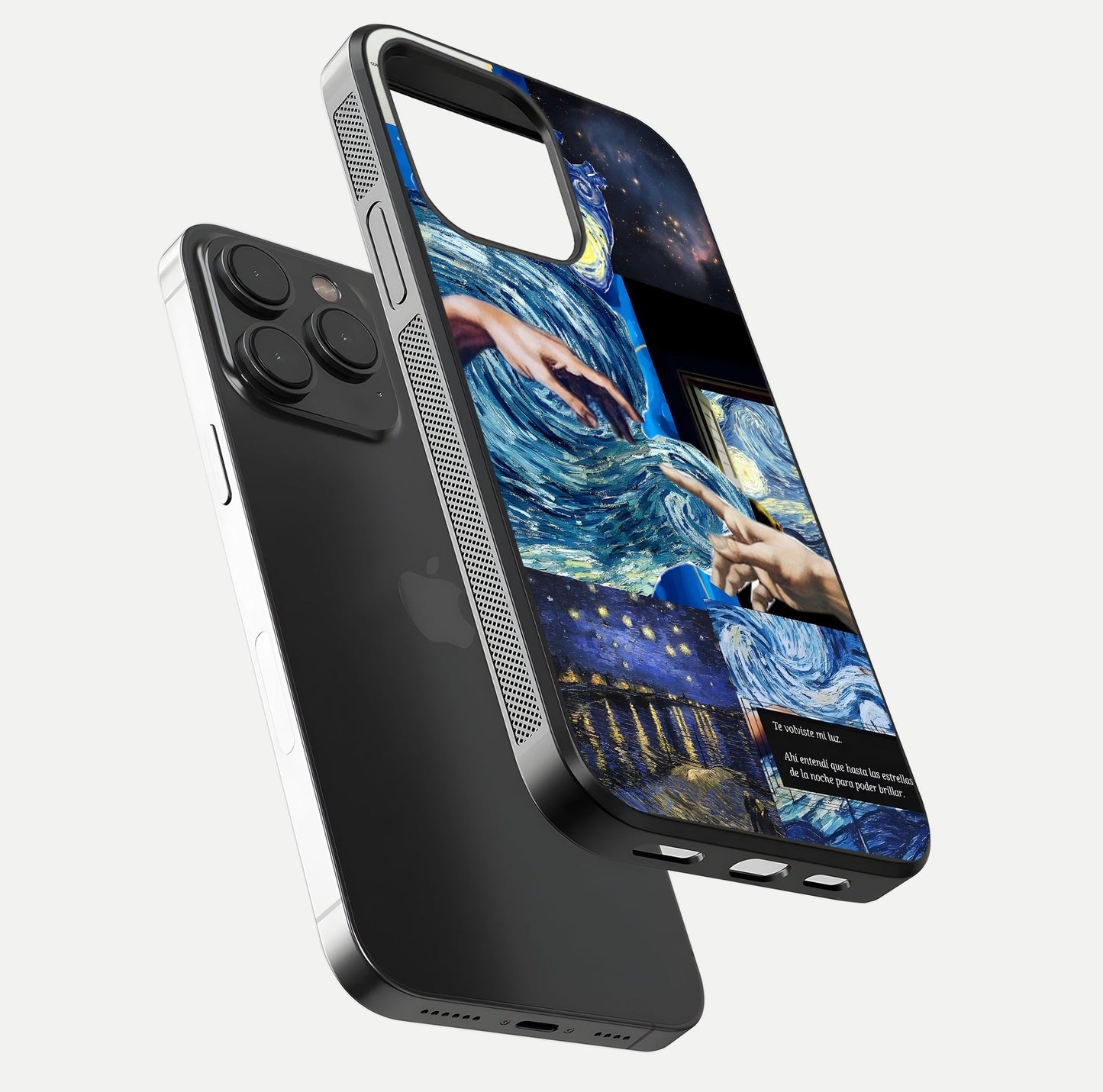 Aesthetic Vando Hands Glass Case for iPhone 15 Pro floating dual-view mockup showing slim edge profile and high-definition gloss