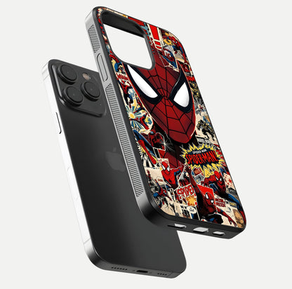 Aesthetic Wonder Spider Glass Case for iPhone 15 Pro floating mockup emphasizing superhero art and glossy reflection