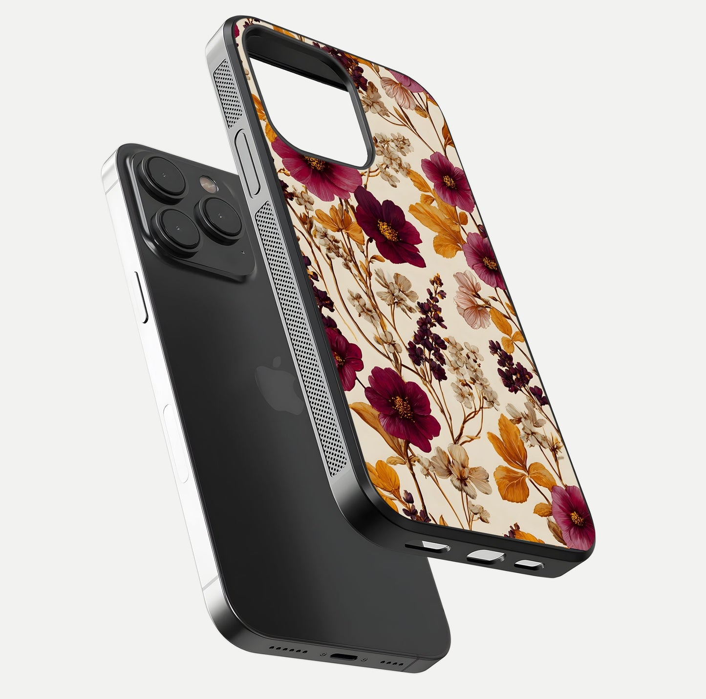 Autumn Wine Bloom Glass Case for iPhone 15 Pro floating mockup with premium floral gradient and protection edge