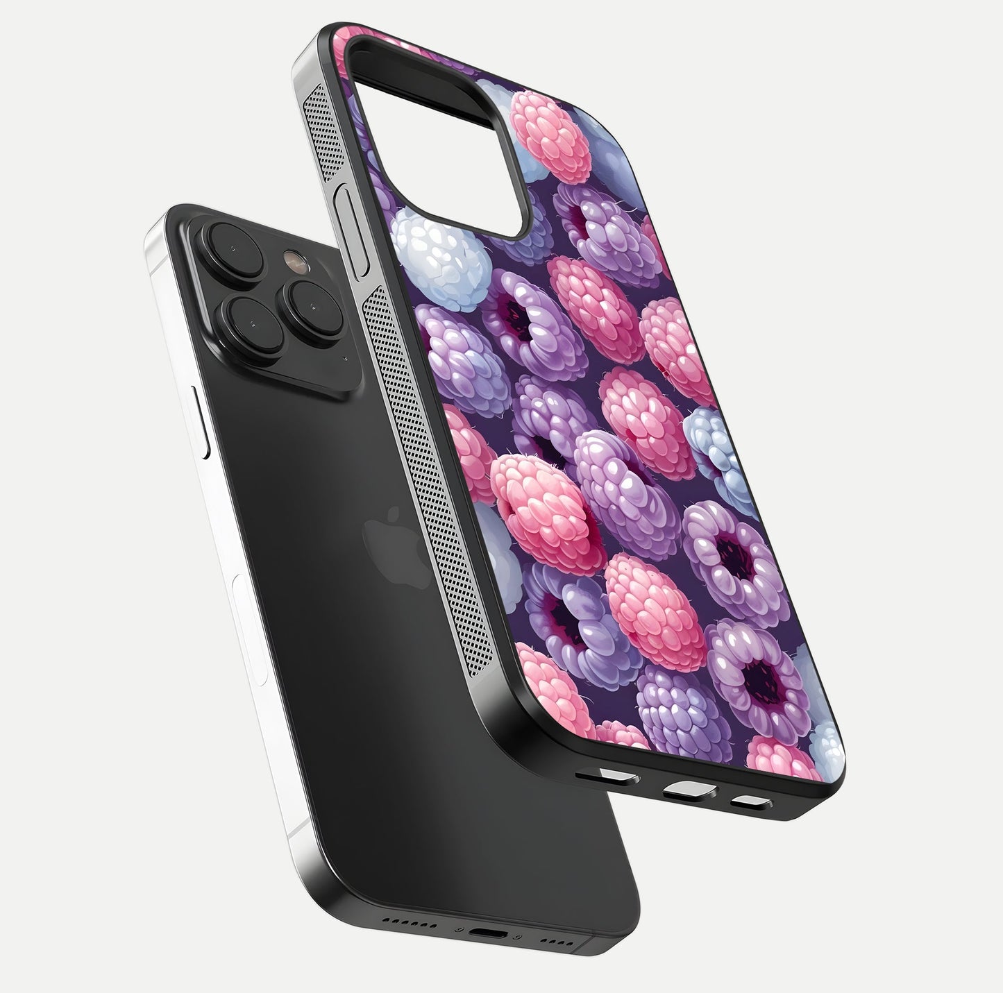 Berry Candy Pop Glass Case for iPhone 15 Pro floating dual-view mockup highlighting gloss shine and curved edges