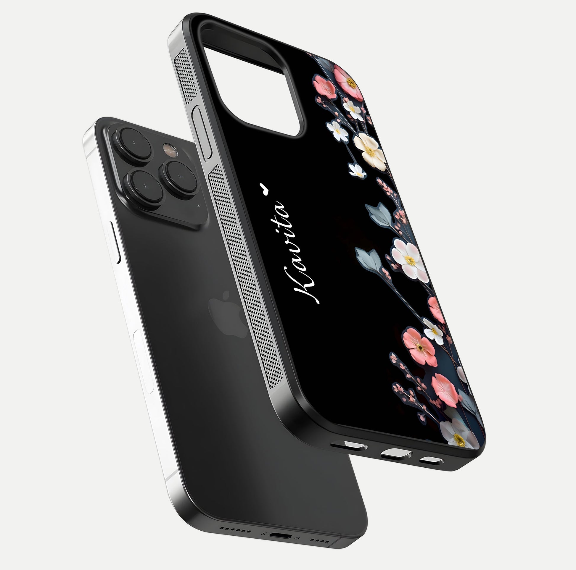 Black Elegance Floral Custom Name Glass Case for iPhone 15 Pro floating mockup emphasizing premium shine and floral art
