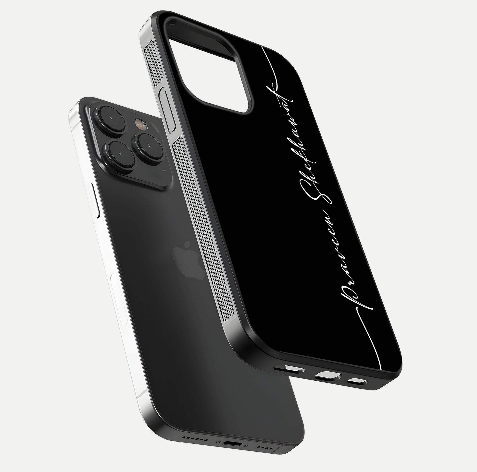 Black Tune Custom Name Glass Case for iPhone 15 Pro floating dual-view mockup emphasizing modern glossy texture