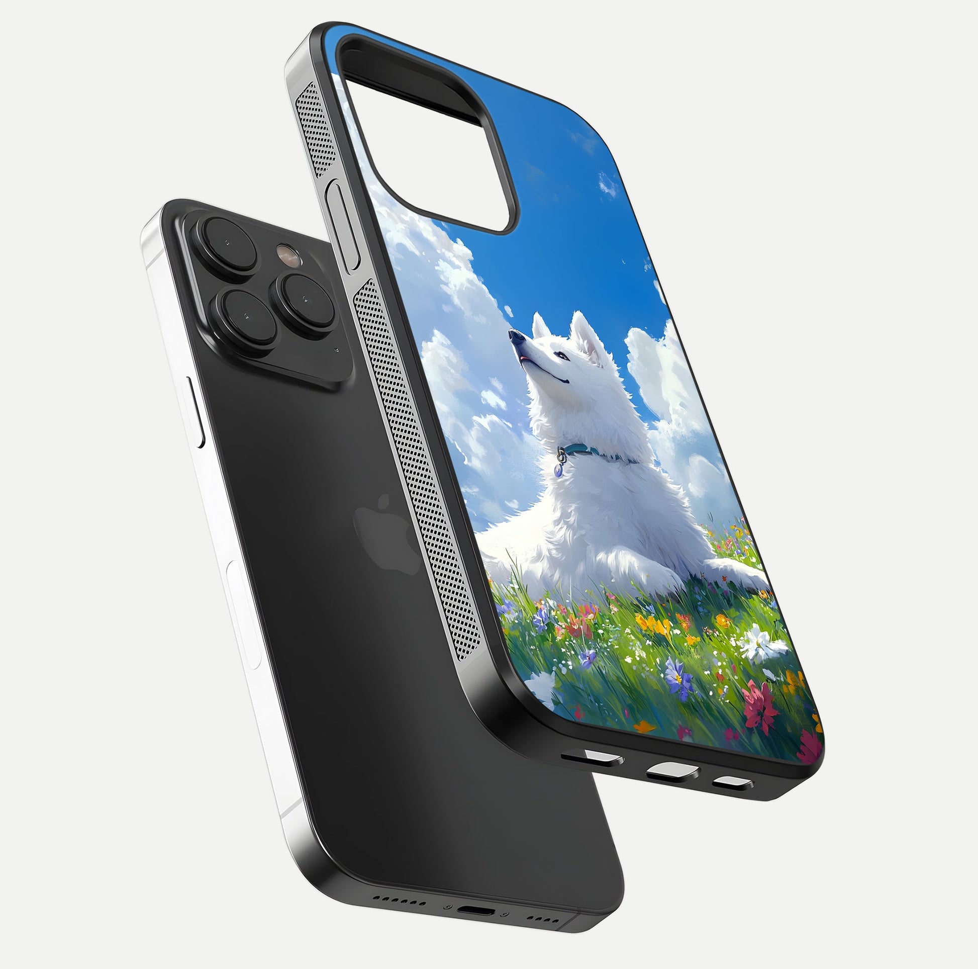 Blissful Cloud Pup Glass Case for iPhone 15 Pro floating mockup capturing playful aesthetic and gloss finish