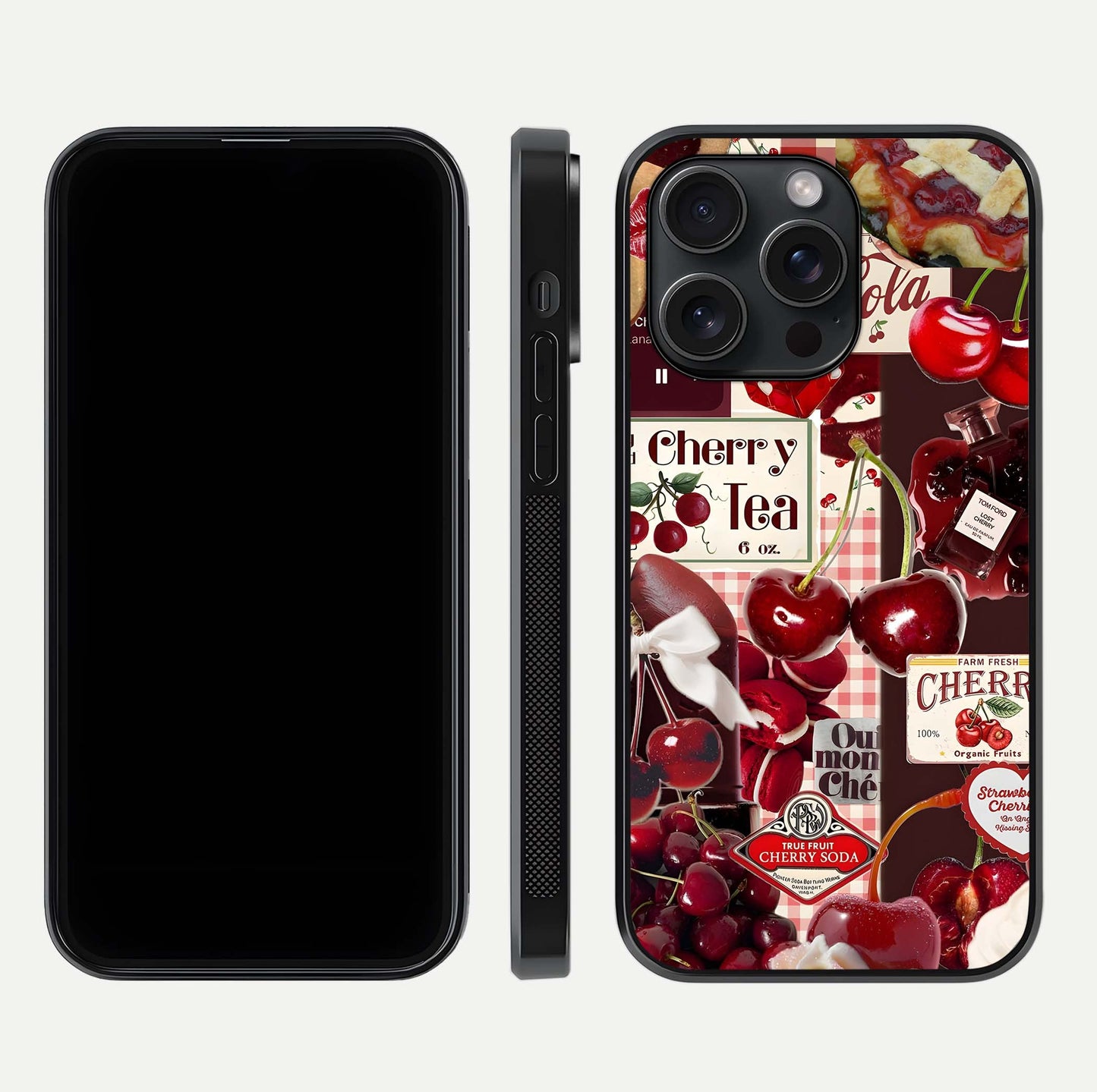 Aesthetic Cherry Tea Glass Case for iPhone 15 Pro front and back view layout showing black front display and artistic cherry-themed glass back