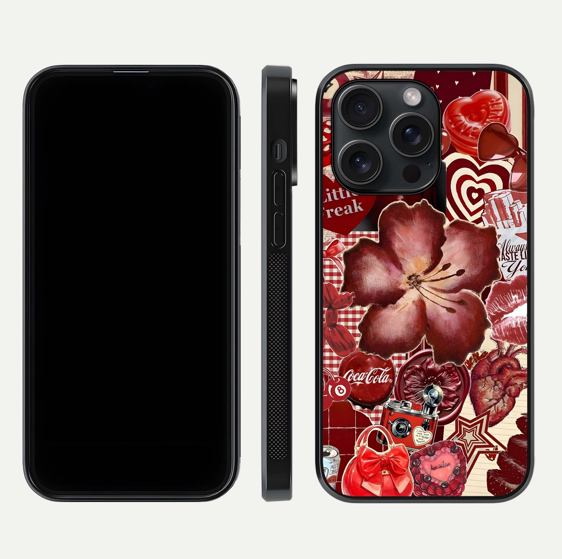 Aesthetic Little Freak Glass Case for iPhone 15 Pro front and back view layout showing black front display and trendy collage glass back