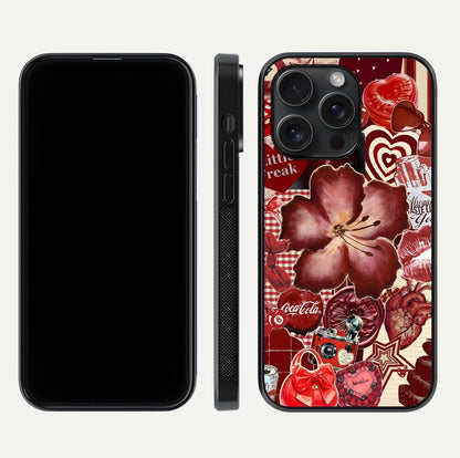 Aesthetic Little Freak Glass Case for iPhone 15 Pro front and back view layout showing black front display and trendy collage glass back