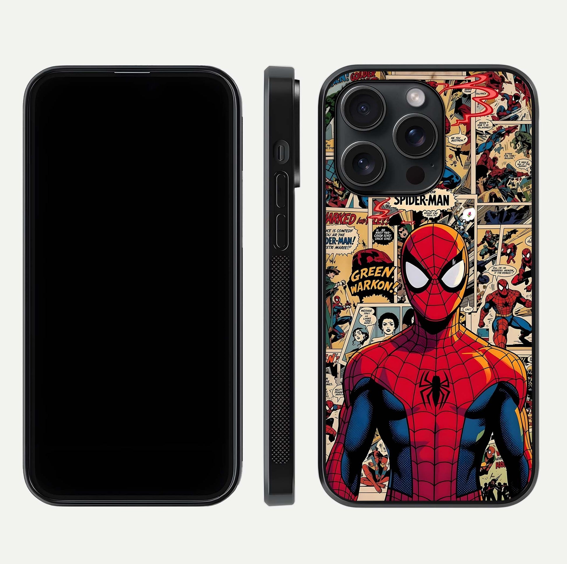 Aesthetic Spider Man Glass Case for iPhone 15 Pro front and back view layout showing black front display and Spider-Man art glass back