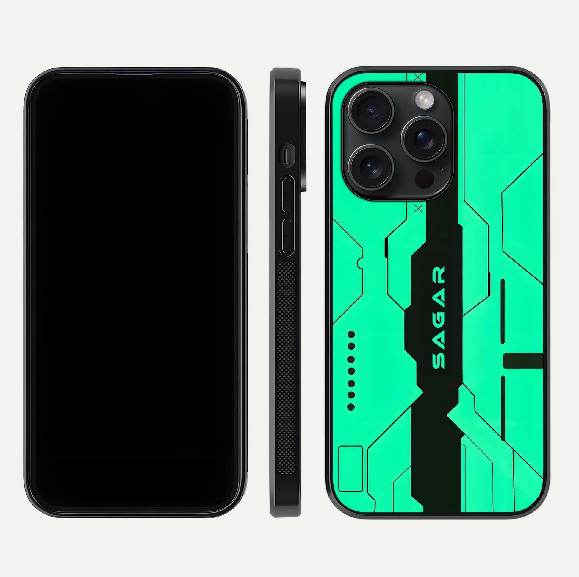 Aqua Tech CYBERPUNK Custom Name Glass Case for iPhone 15 Pro front and back display showing sleek tech pattern and shine