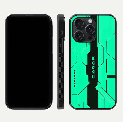 Aqua Tech CYBERPUNK Custom Name Glass Case for iPhone 15 Pro front and back display showing sleek tech pattern and shine