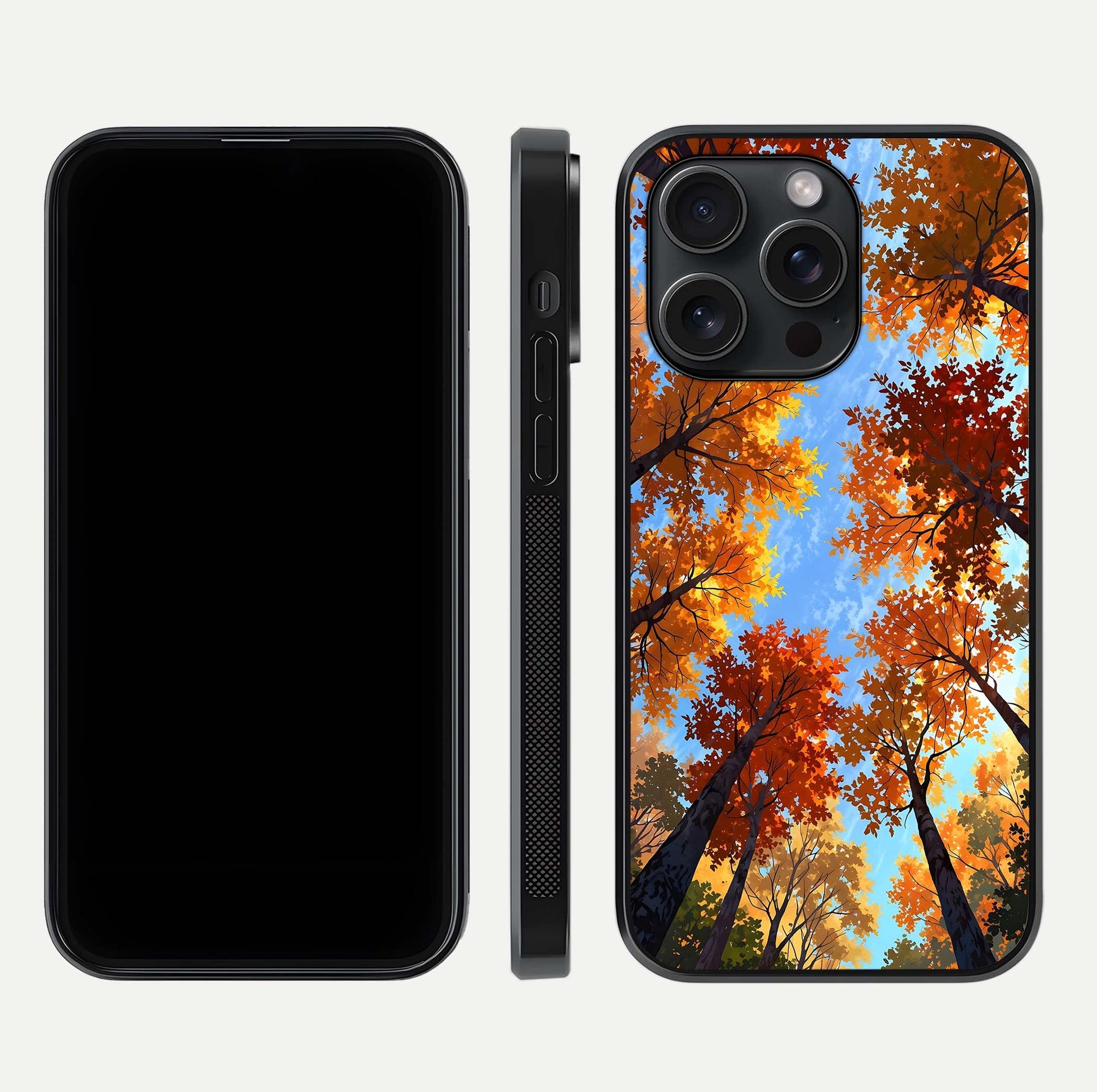 Autumn Sky Rise Glass Case for iPhone 15 Pro front and back layout showing sky print and edge smoothness
