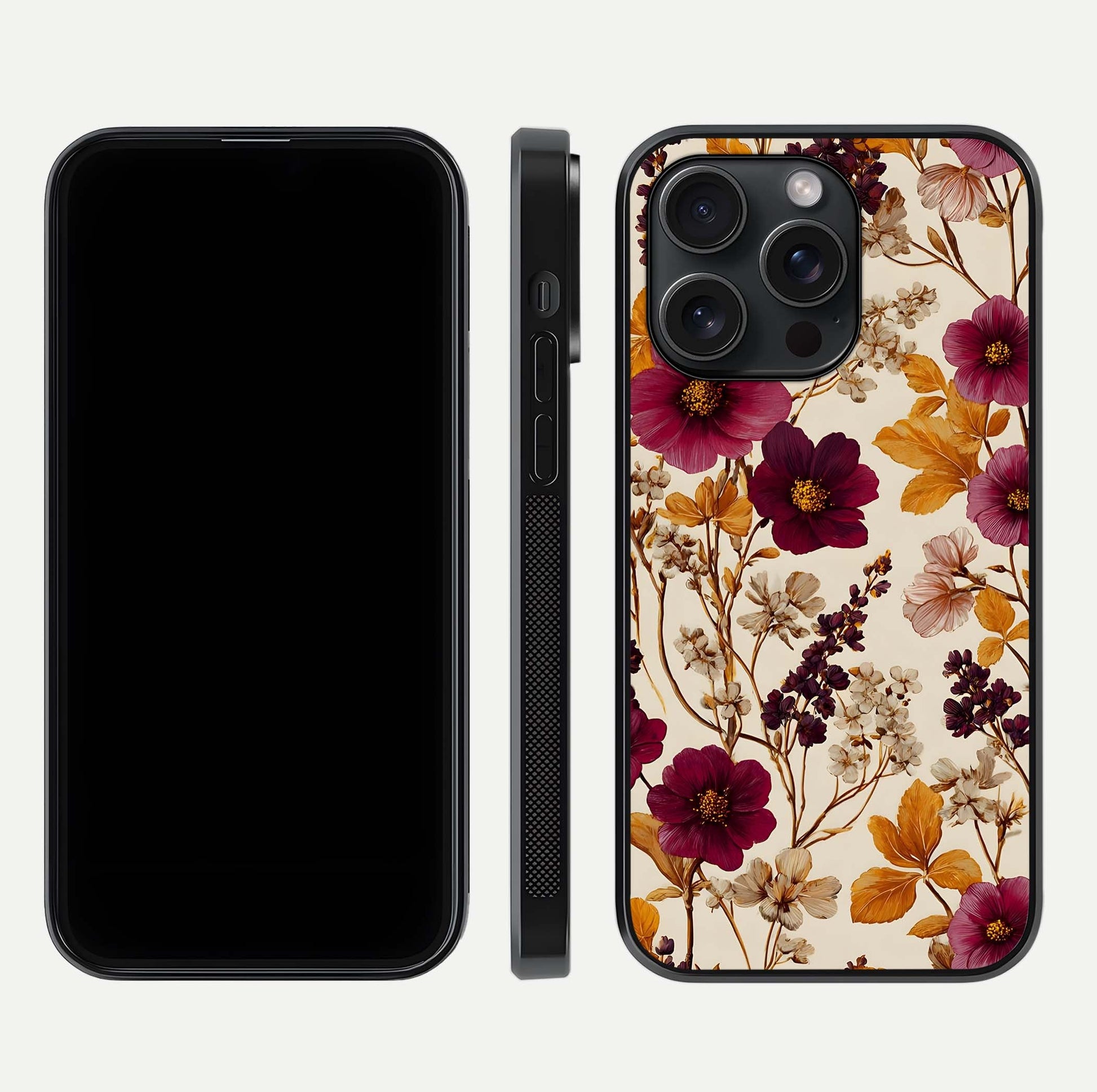Autumn Wine Bloom Glass Case for iPhone 15 Pro front and back layout showing autumn print and HD glass clarity