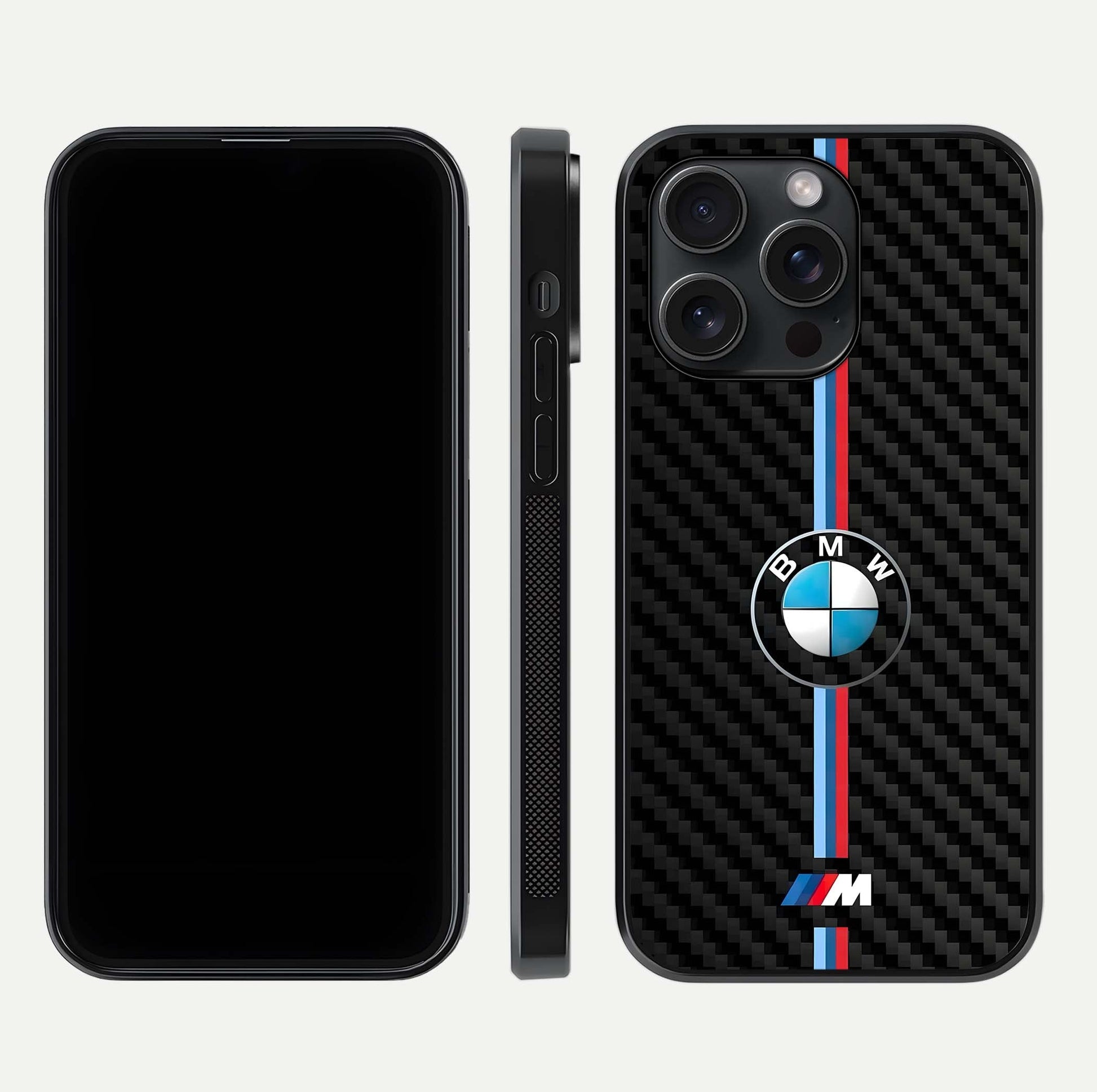 BMW Pattern Glass Case for iPhone 15 Pro front-and-back layout displaying car-themed art and premium glass gloss